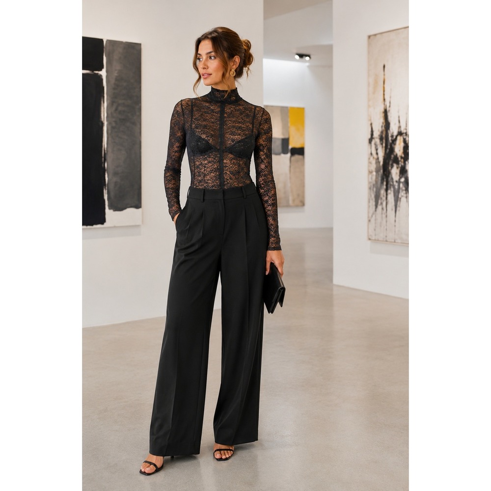 NOAM Emmeline Black Sheer Lace Mock Neck Long Sleeve Bodysuit Small NWT
